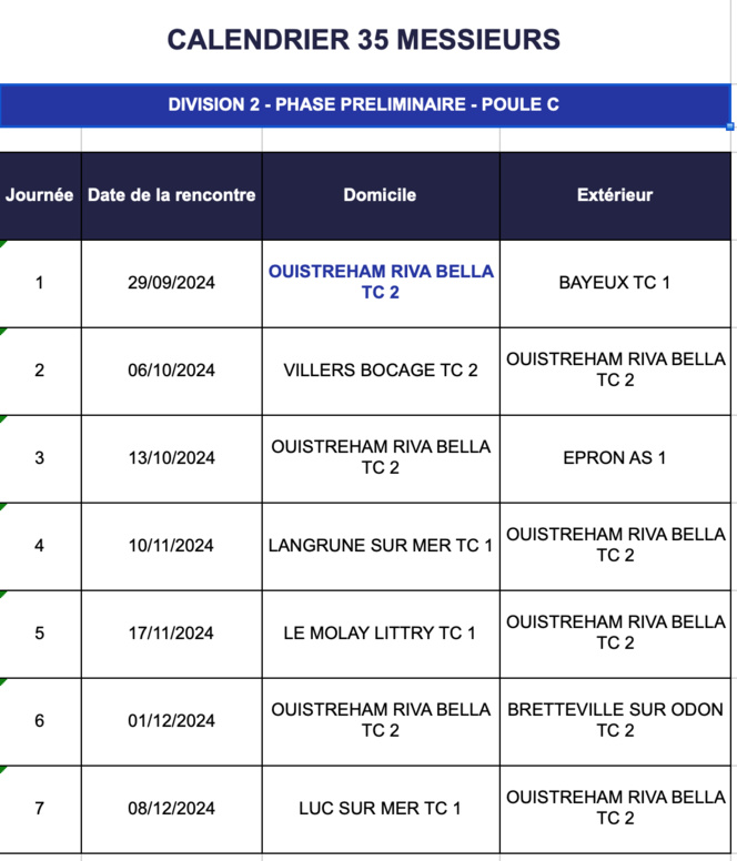 Calendrier des Matchs par équipes Senior Hiver 2024