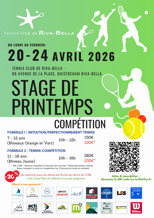 Stage de tennis compétition : Semaine du 20 au 24 Avril 2026 Stage de tennis compétition : Semaine du 20 au 24 Avril 2026