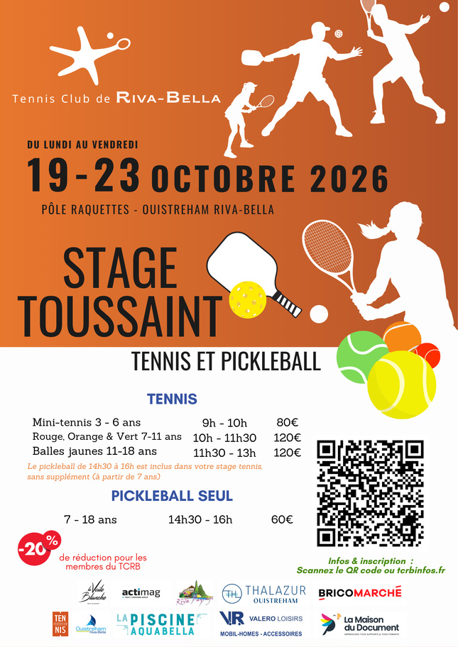 Stages de tennis et pickleball : Semaine du 19 au 23 Octobre 2026 Stages de tennis et pickleball : Semaine du 19 au 23 Octobre 2026