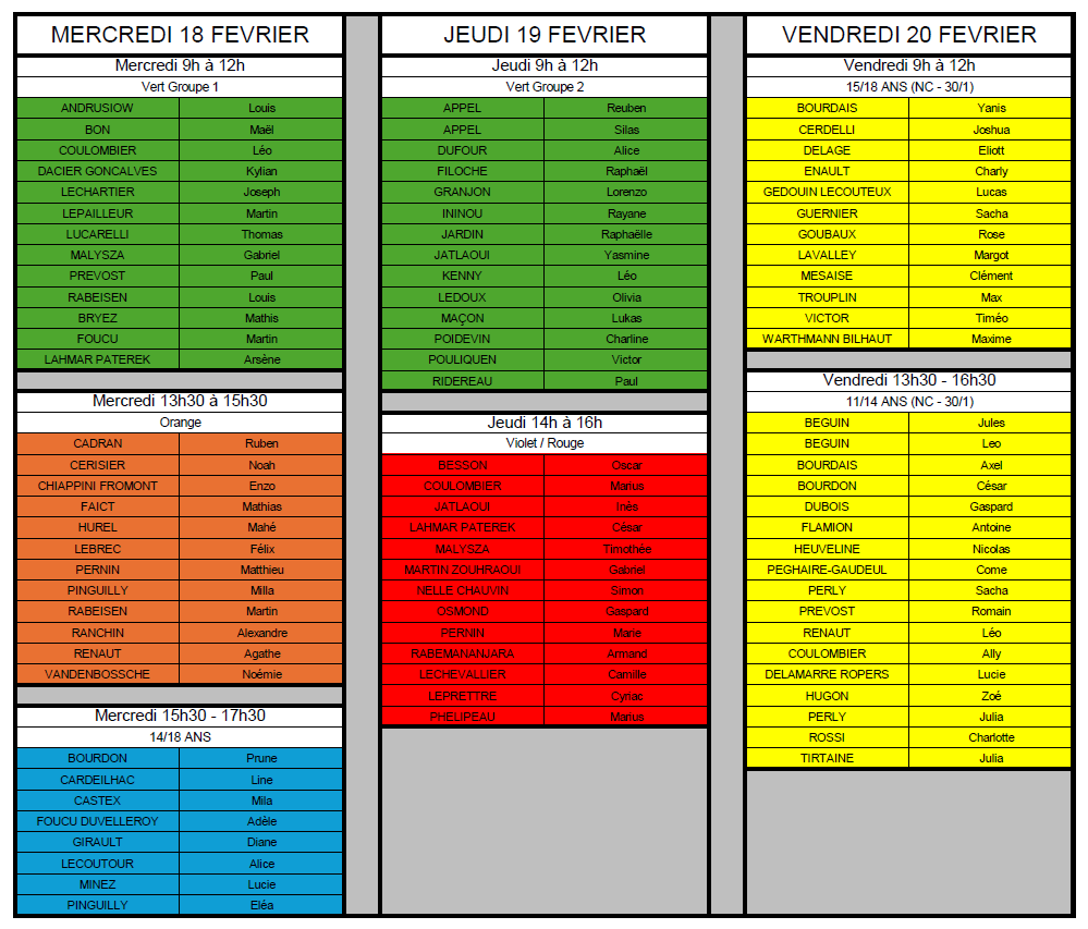 Matchs libres jeunes – Du mercredi 18 au vendredi 20 février
